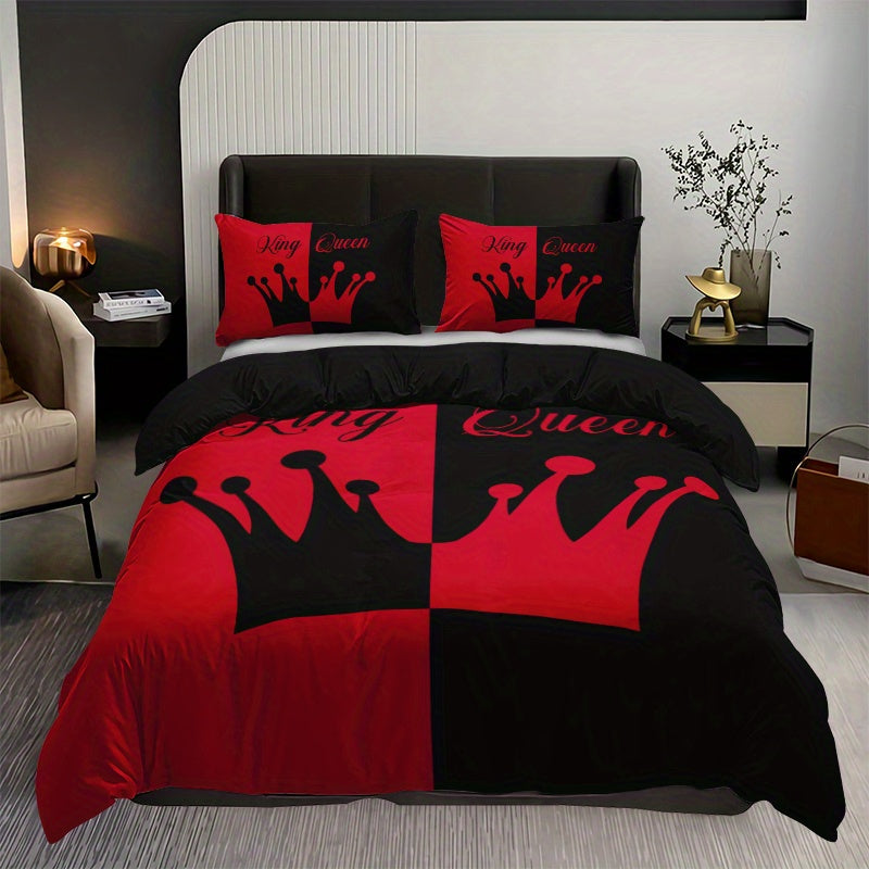 Black and Red Crown 3-Piece Duvet Cover Set