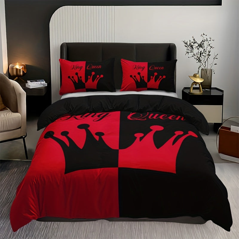 Black and Red Crown 3-Piece Duvet Cover Set