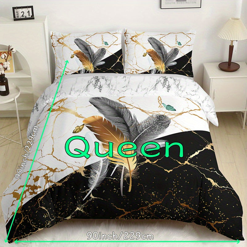 Marble Feather 3-Piece Duvet Cover Set