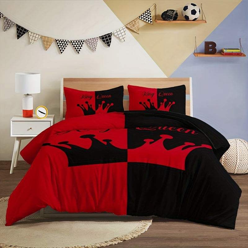 Black and Red Crown 3-Piece Duvet Cover Set