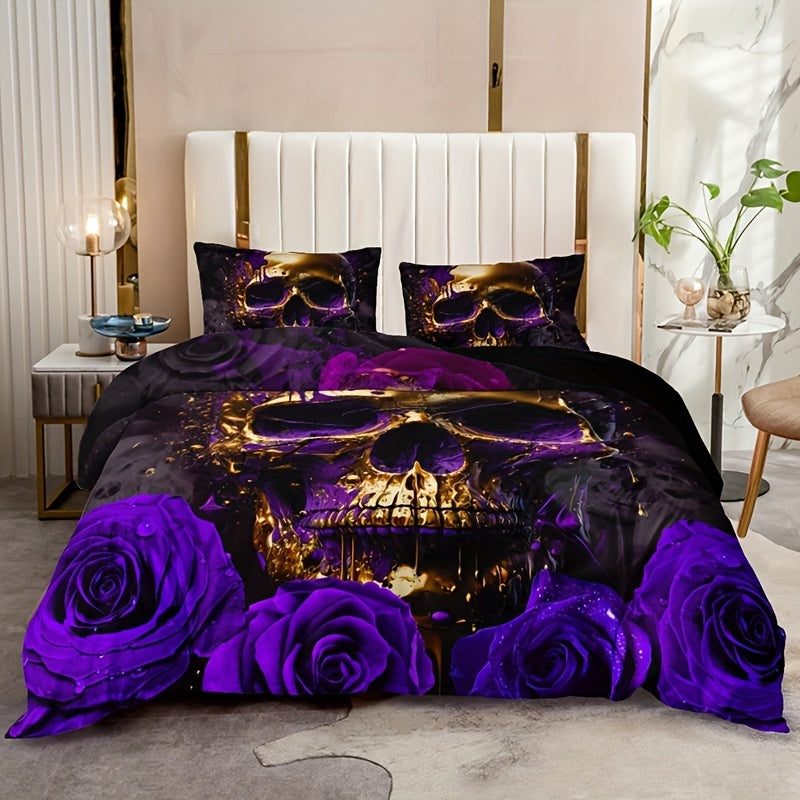 Purple Rose Skull 3-Piece Duvet Cover Set