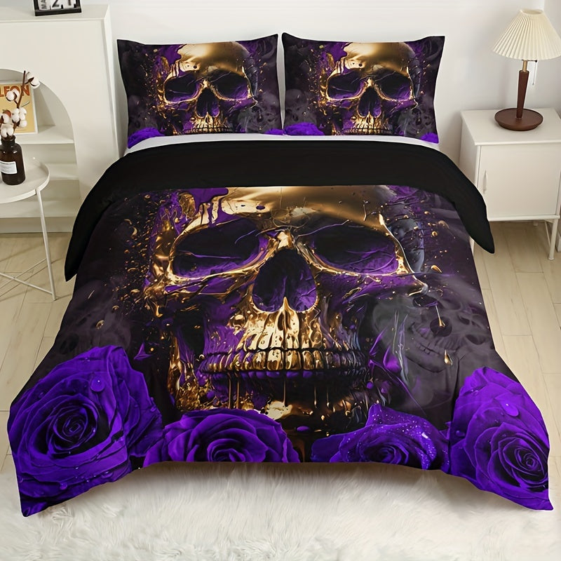 Purple Rose Skull 3-Piece Duvet Cover Set