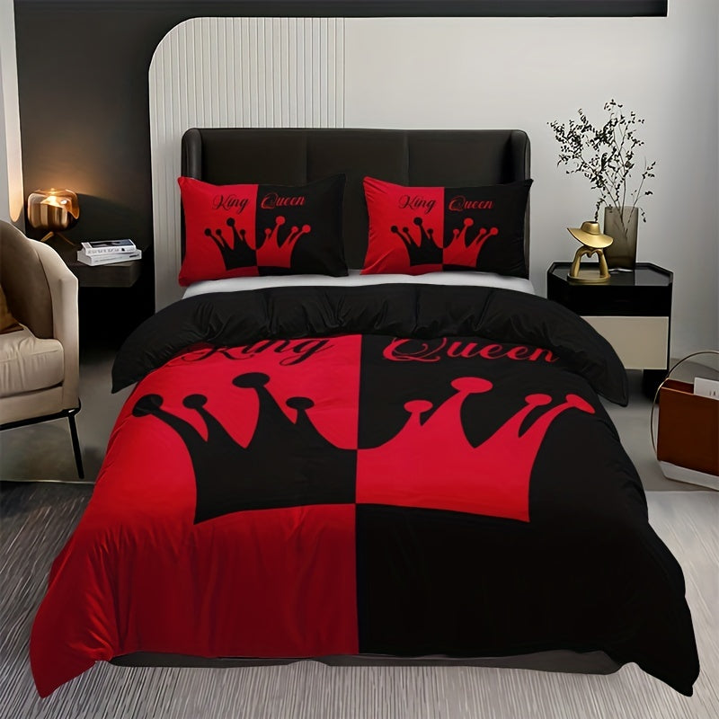 Black and Red Crown 3-Piece Duvet Cover Set
