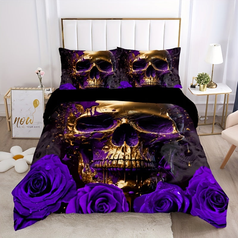 Purple Rose Skull 3-Piece Duvet Cover Set