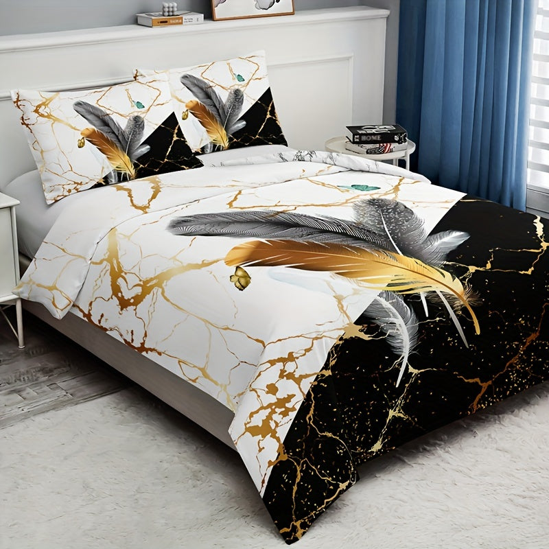 Marble Feather 3-Piece Duvet Cover Set