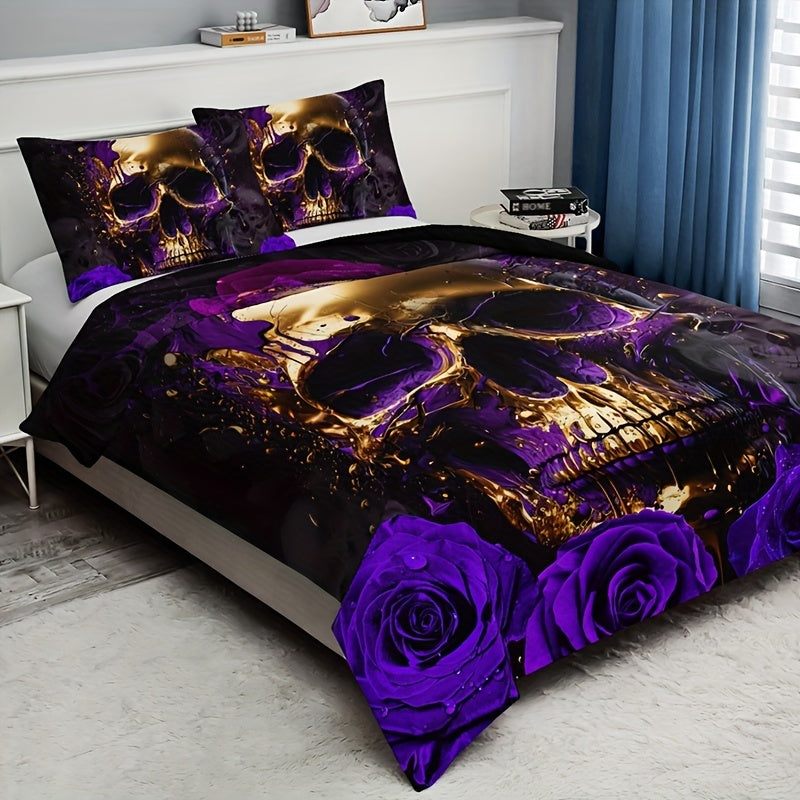 Purple Rose Skull 3-Piece Duvet Cover Set
