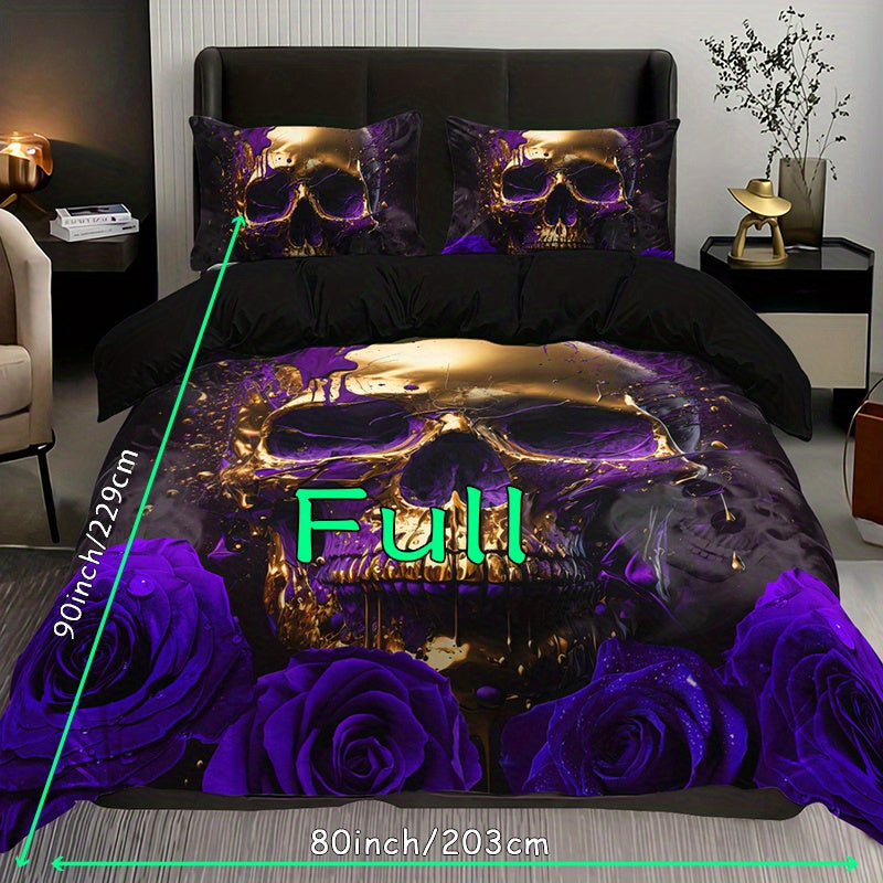 Purple Rose Skull 3-Piece Duvet Cover Set