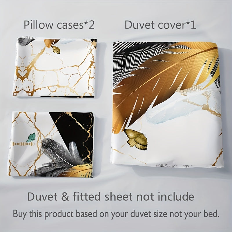 Marble Feather 3-Piece Duvet Cover Set