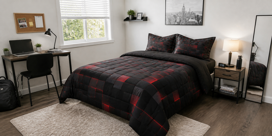 Clean organized college student bedroom in off-campus apartment with modern bedding setup