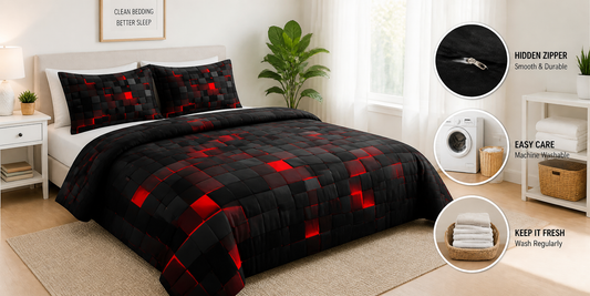 Clean modern bedroom with well-maintained printed duvet cover showing proper bedding care