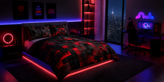 Modern gaming bedroom with LED lights and 3D gradient duvet cover showing color coordination