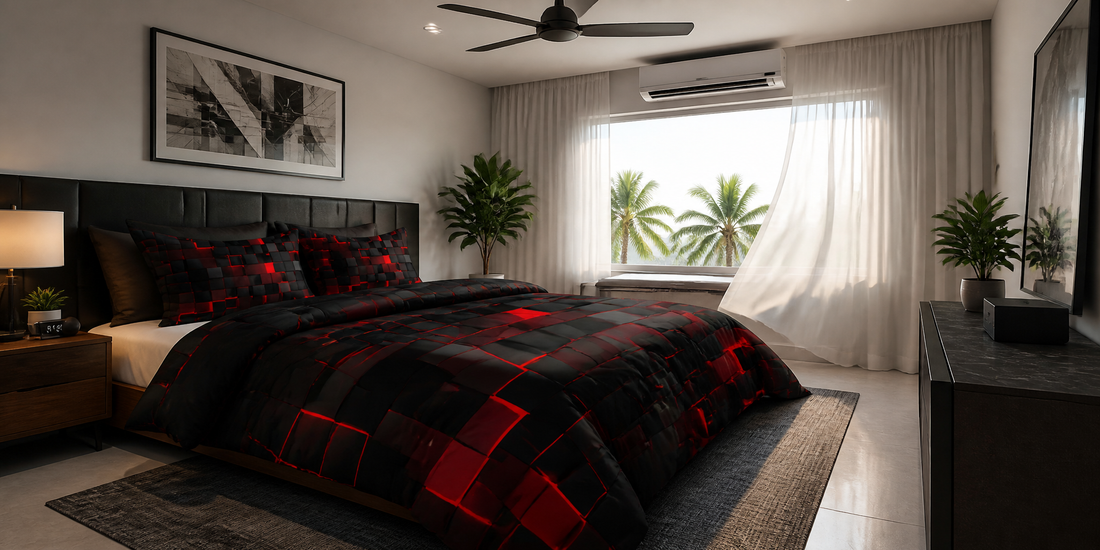 Modern bedroom with microfiber duvet cover in well-ventilated room showing comfortable sleeping environment