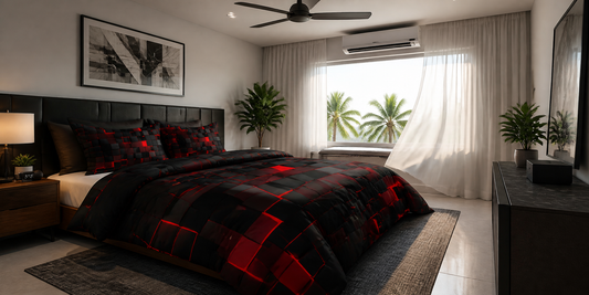 Modern bedroom with microfiber duvet cover in well-ventilated room showing comfortable sleeping environment