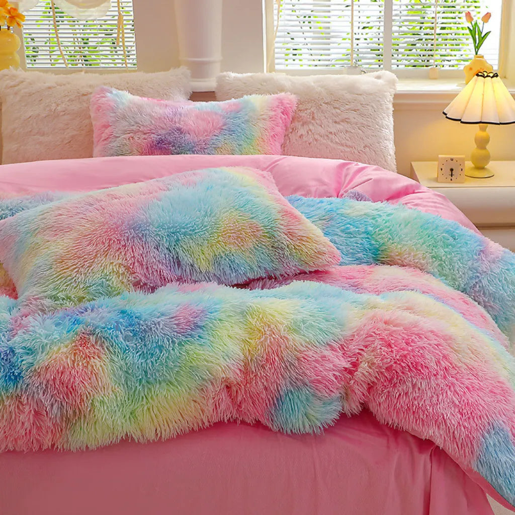 Multicolor Plush Cover Set – Soft Fluffy Bedding with Pillowcases