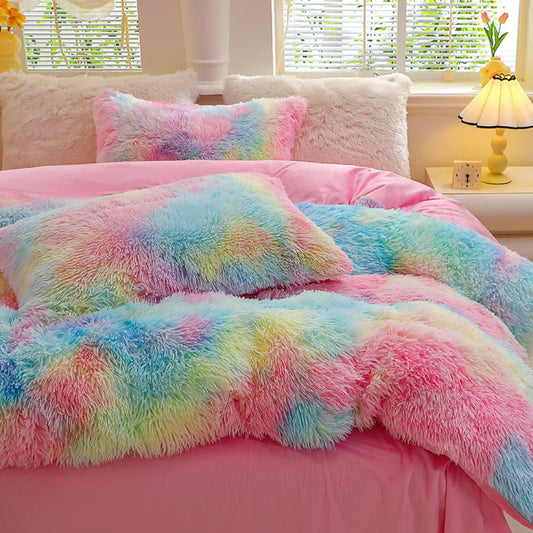 Multicolor Plush Cover Set – Soft Fluffy Bedding with Pillowcases