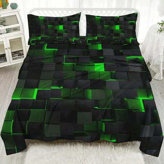 3D geometric flat bed sheet set with pillowcases, soft microfiber bedding for stylish bedroom decor