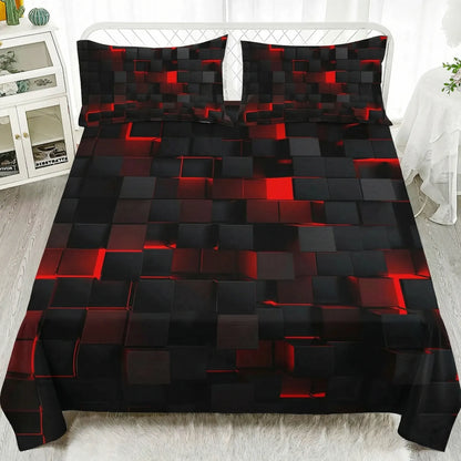3D geometric flat bed sheet set with pillowcases, soft microfiber bedding for stylish bedroom decor
