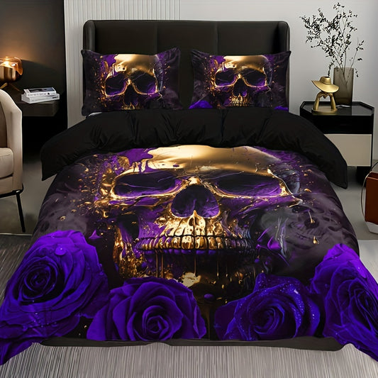 Purple Rose Skull 3-Piece Duvet Cover Set