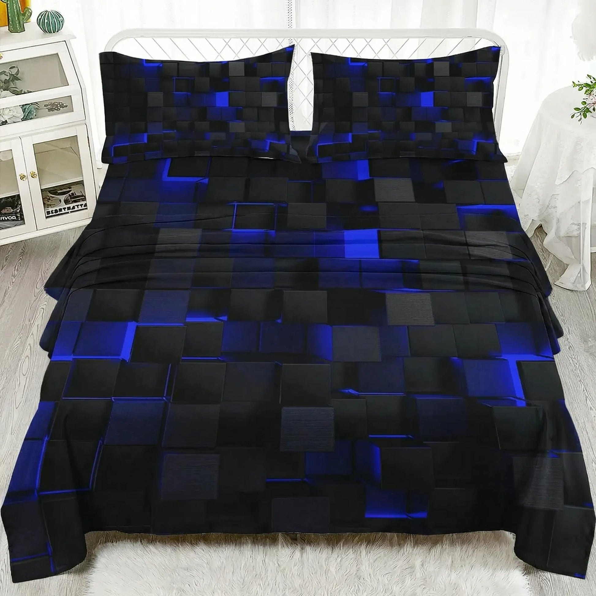 3D geometric flat bed sheet set with pillowcases, soft microfiber bedding for stylish bedroom decor