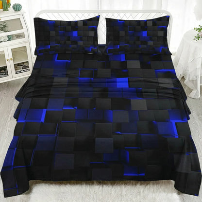 3D geometric flat bed sheet set with pillowcases, soft microfiber bedding for stylish bedroom decor