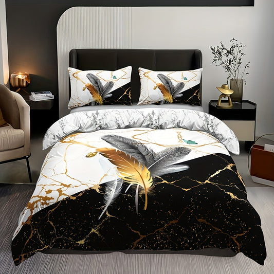 Marble Feather 3-Piece Duvet Cover Set