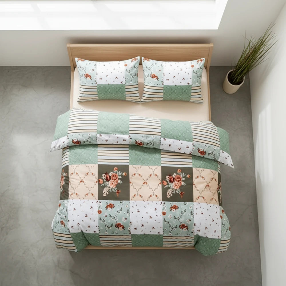 Floral Geometric Cover Set – Soft Patchwork Bedding with Pillowcases