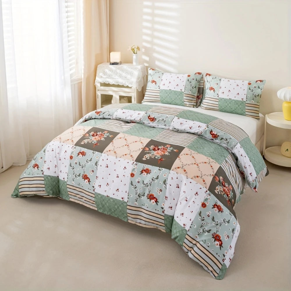 Floral Geometric Cover Set – Soft Patchwork Bedding with Pillowcases