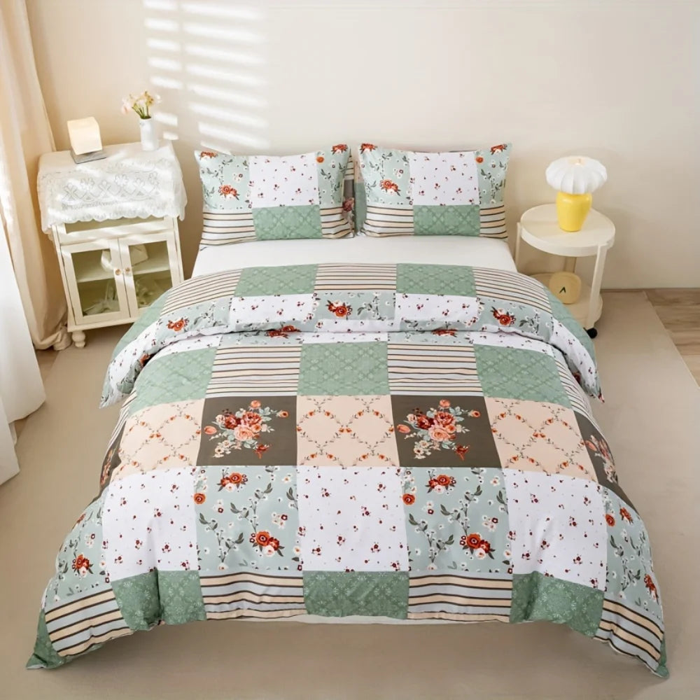 Floral Geometric Cover Set – Soft Patchwork Bedding with Pillowcases