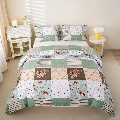 Floral Geometric Cover Set – Soft Patchwork Bedding with Pillowcases