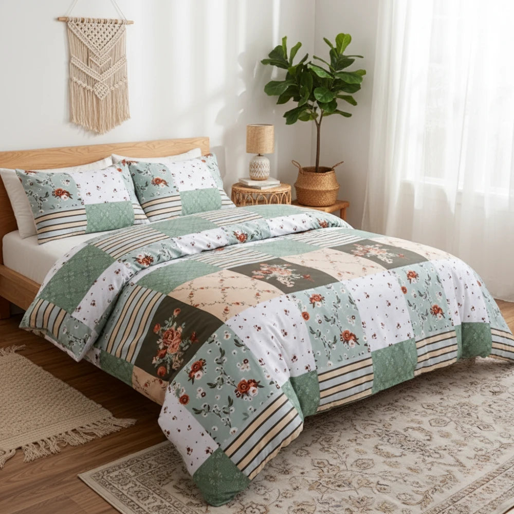 Floral Geometric Cover Set – Soft Patchwork Bedding with Pillowcases