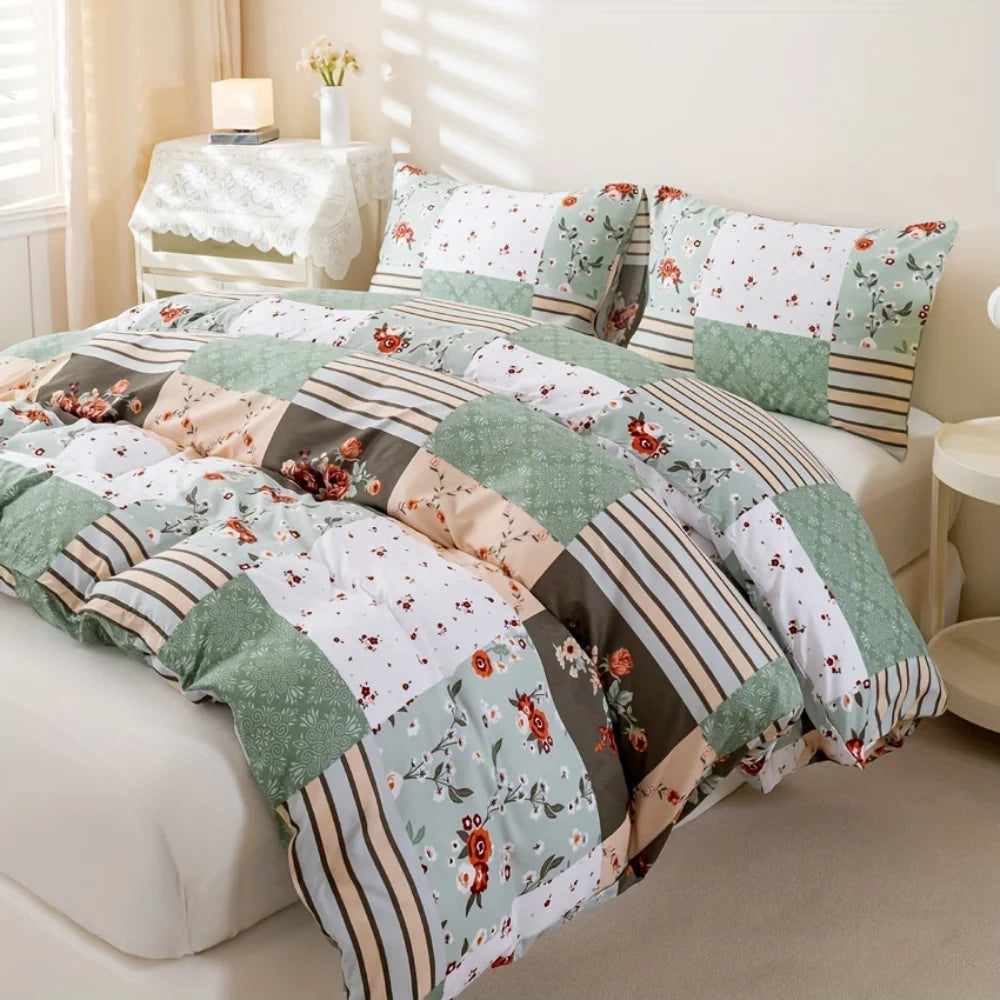 Floral Geometric Cover Set – Soft Patchwork Bedding with Pillowcases