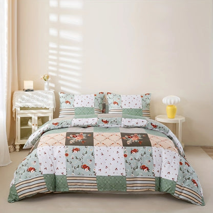 Floral Geometric Cover Set – Soft Patchwork Bedding with Pillowcases