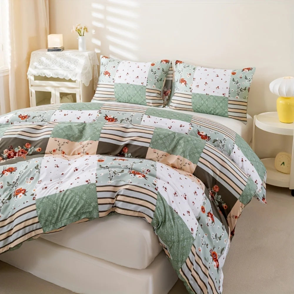 Floral Geometric Cover Set – Soft Patchwork Bedding with Pillowcases