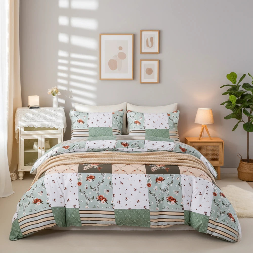 Floral Geometric Cover Set – Soft Patchwork Bedding with Pillowcases